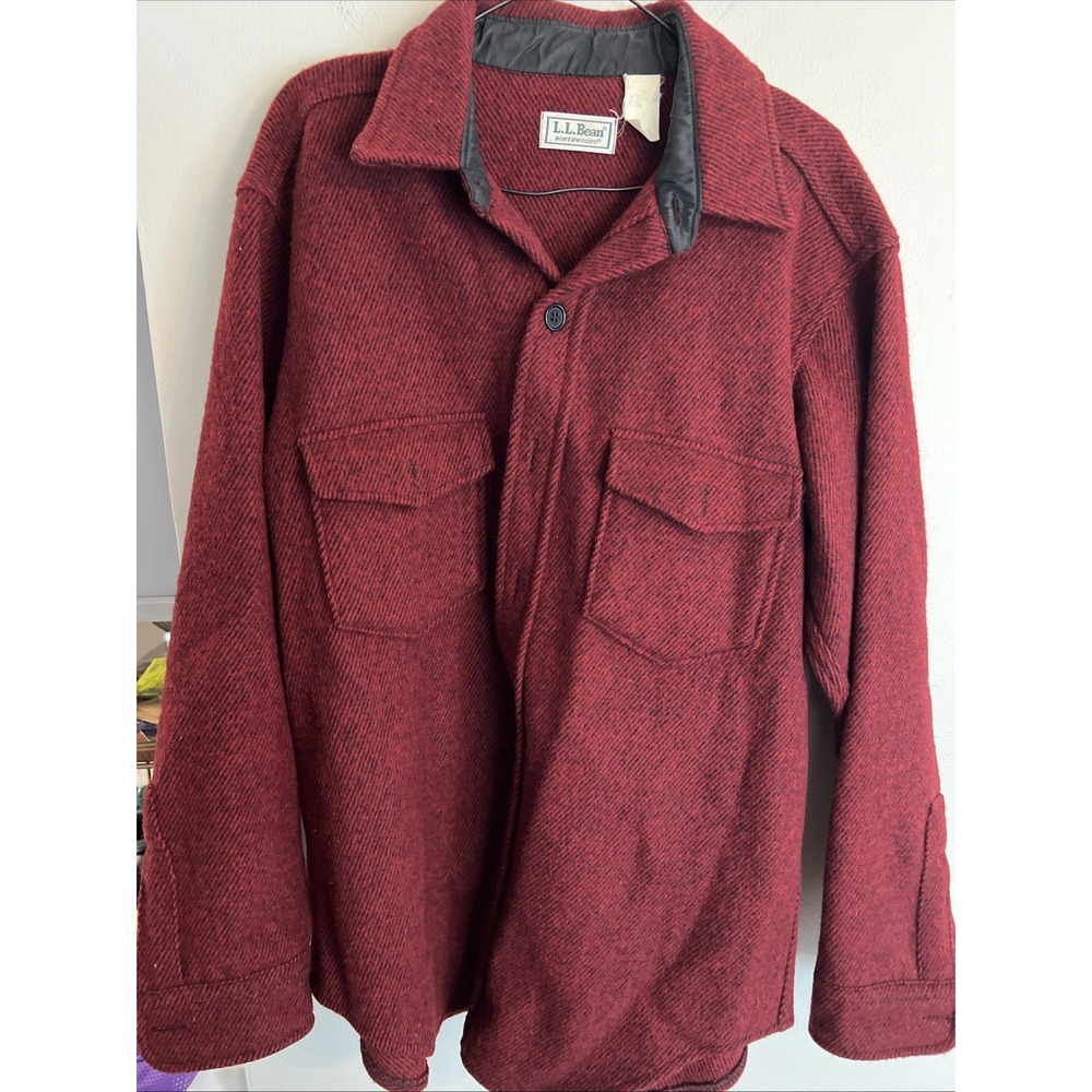 LL Bean Vintage Mens Red Black Stripe Northwoods 100% Wool Shirt Jacket LARGE